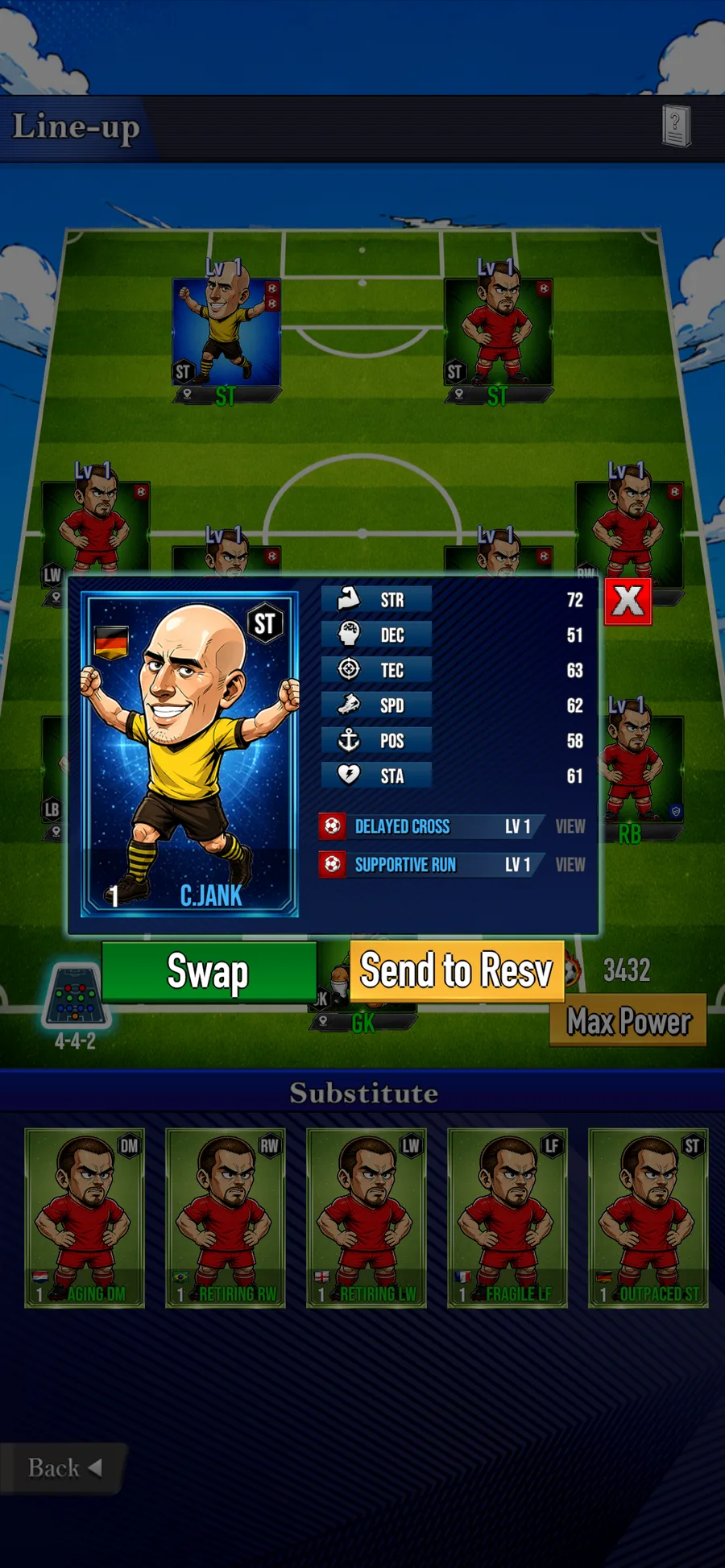 A Soccer Tactical lineup screen with player swap details.