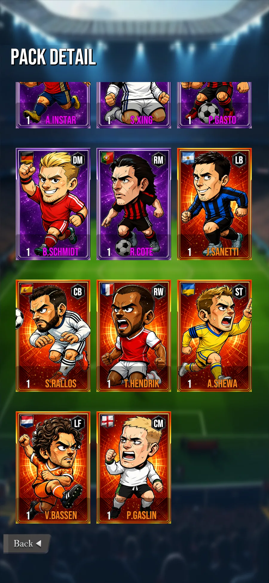A Soccer Tactical pack detail screen with recruitable players.